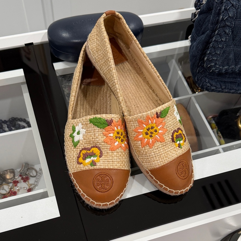 Tory Burch Floral Embroidered Espadrilles - Tan and Brown